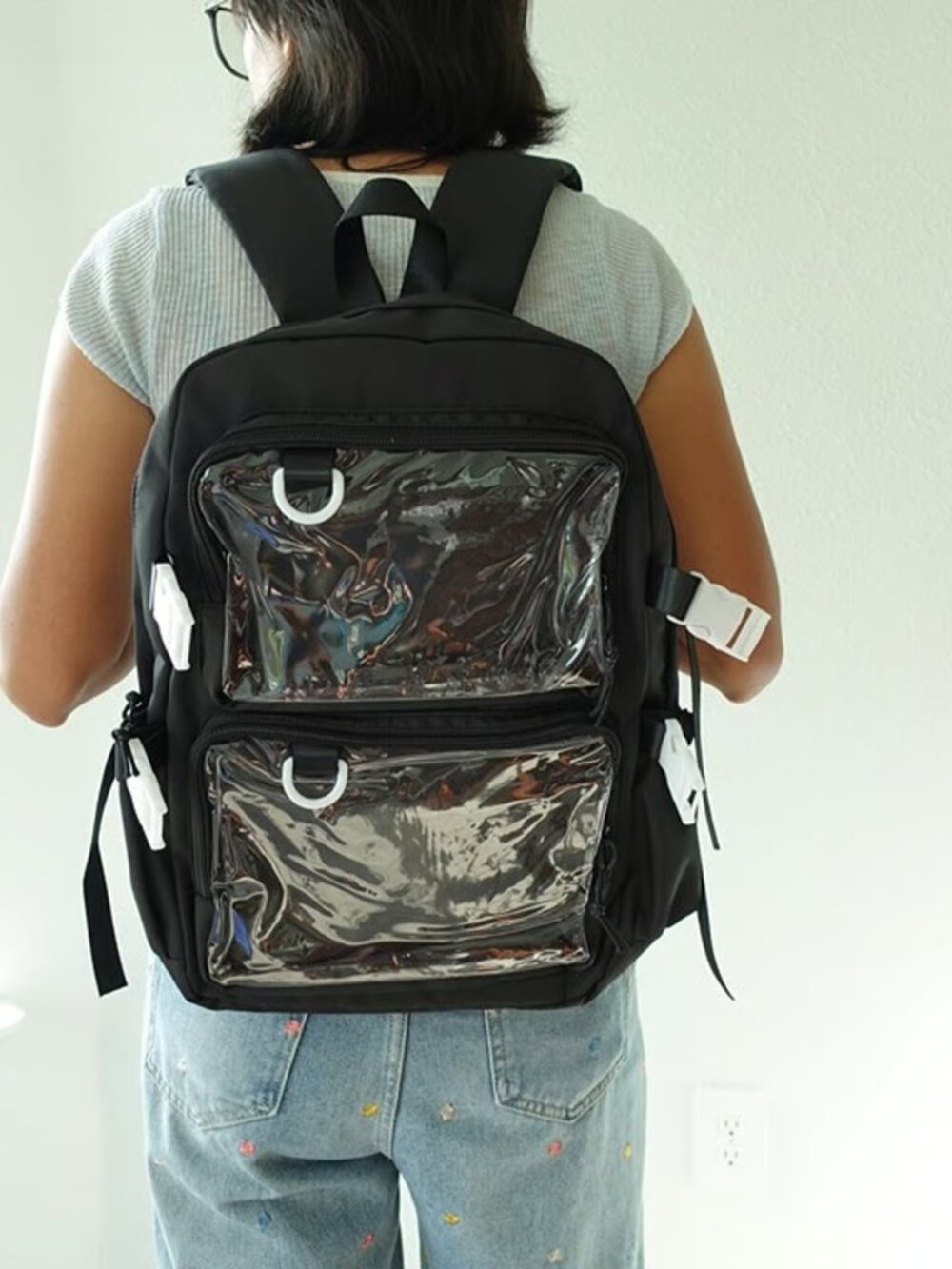 BLACK Large Ita Backpack with 2 Inserts, Lightweight Spacious Anime Pin Backpack